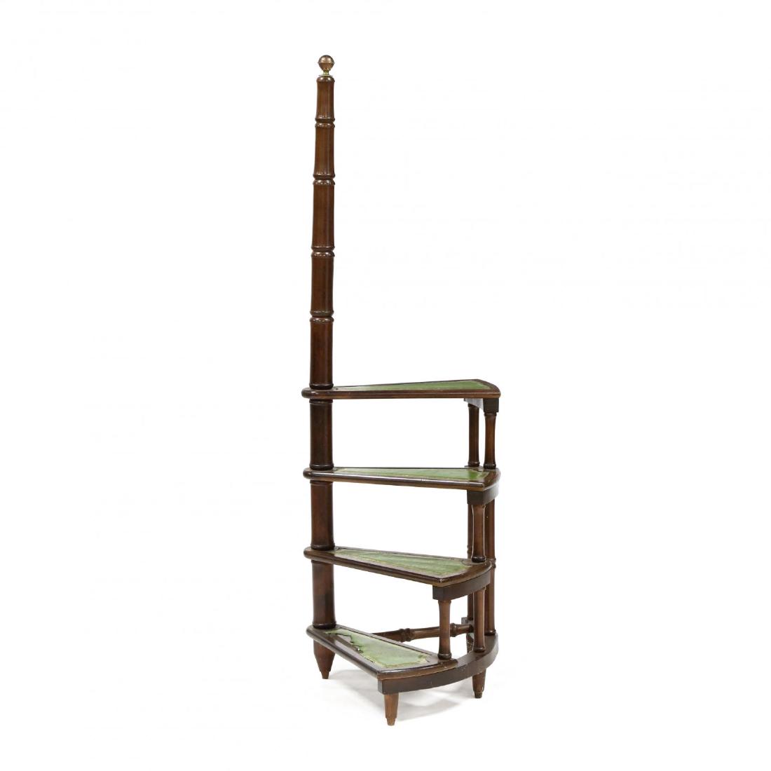 Set of Georgian Style Leather Library Steps: Set of Georgian Style Leather Library Steps mid 20th century, mahogany, faux bamboo turned wood handle, green leather embossed steps. 61 x 19 x 20 in. From the Estate of the late Adona Sue Yelton of S