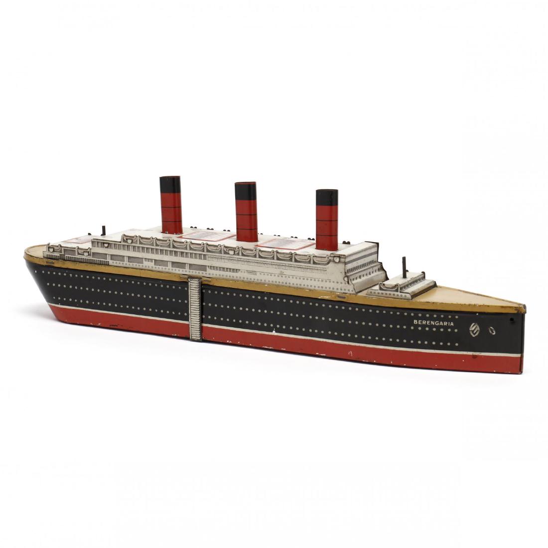 Berengaria Biscuit Tin: Berengaria Biscuit Tin William Crawford, made in England, 1920s, three stack ocean liner marked "Berengaria" on both sides of front, original tin litho attached stair ramp, masts missing. Movable disc