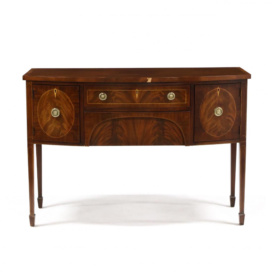 Henkel Harris, Federal Style Inlaid Diminutive: Henkel Harris, Federal Style Inlaid Diminutive Sideboard late 20th century, bowfront, top with banded edge, two drawers, with line and escutcheon inlays, flanked by two hinged cabinet doors, raised on