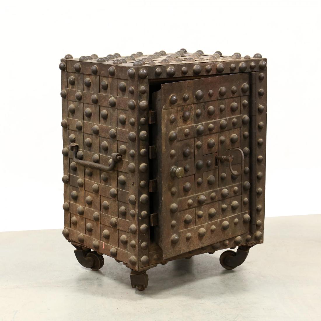 Jesse Delano, Large Antique Iron Hobnail Floor Safe: Jesse Delano, Large Antique Iron Hobnail Floor Safe New York, 19th century, rectangular floor model, each side with applied swivel handles, front hinged door with center keyhole, with key, raised on i