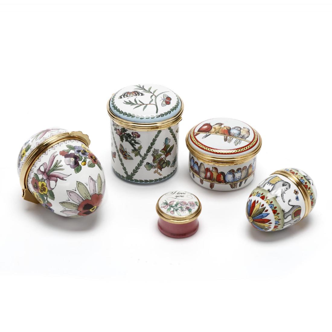 Five Halcyon Days Enamels Boxes: Five Halcyon Days Enamels Boxes contemporary, painted enamel and brass, including two egg form and three round with butterfly, elephant, bird and flower decoration, each marked. Tallest 2.25 in. From 