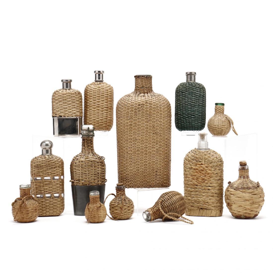 (13) Vintage Woven Cane Cased Bottles