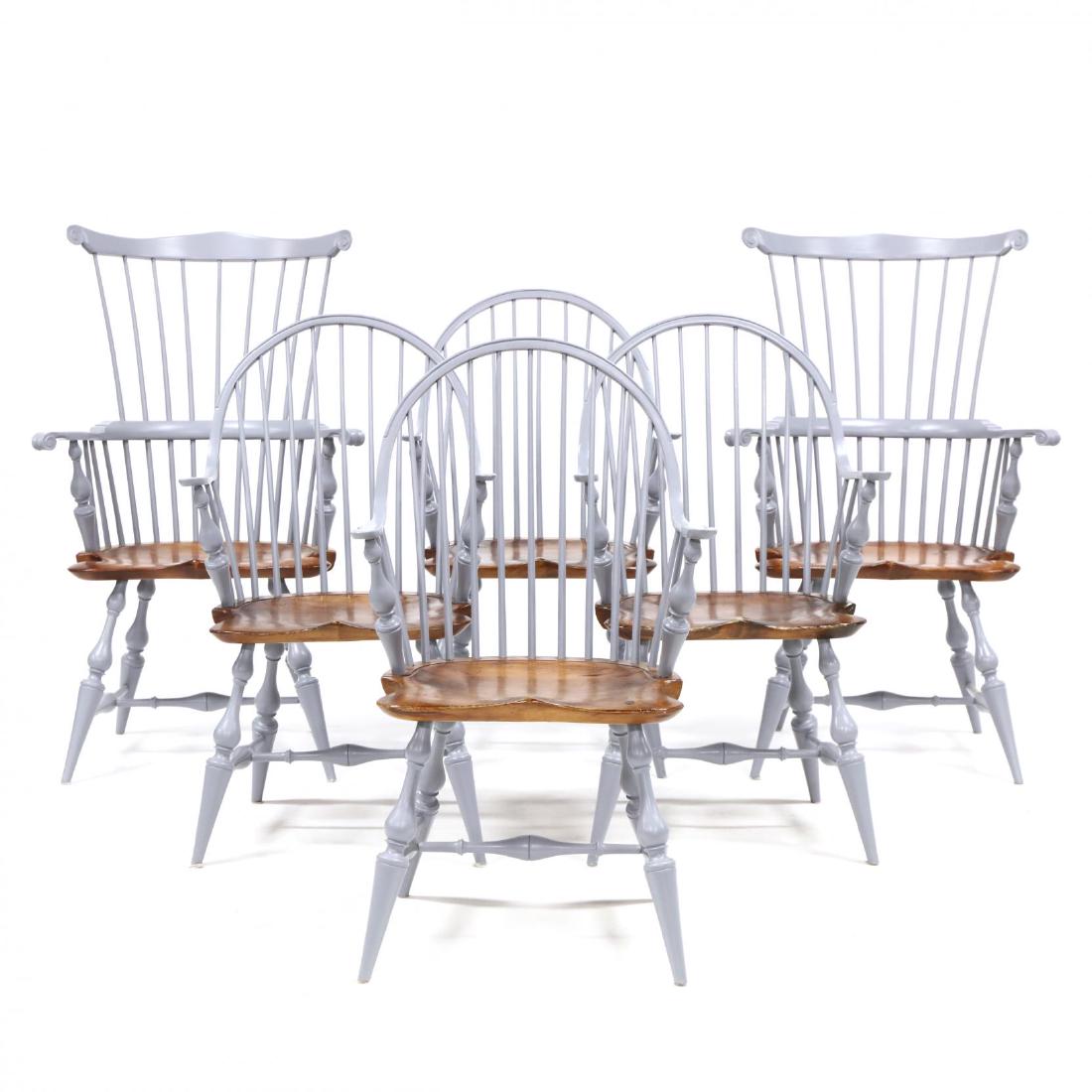D.R. Dimes, Set of Six Painted Windsor Dining Chairs: D.R. Dimes, Set of Six Painted Windsor Dining Chairs mid 20th century, pine, including a pair of comb back chairs with scrolled ear crest rail, saddle seat, on splayed turned legs, and four conforming