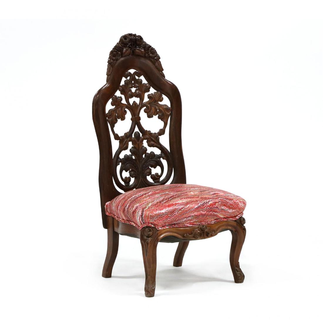 att. John Belter, American Rococo Revival Laminated: att. John Belter, American Rococo Revival Laminated Rosewood Slipper Chair late 19th century, reticulated back with floral and scroll carving, silk marbled upholstery, on short cabriole legs with flor
