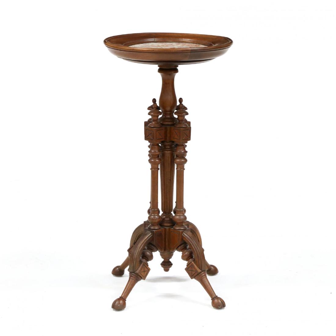 Renaissance Style Marble Top Stand: Renaissance Style Marble Top Stand mid 20th century, walnut, inset rouge marble top, carved base, on hoof feet. 32 x 16 in. diameter. Additional high-resolution photos are available at LelandLittle.co