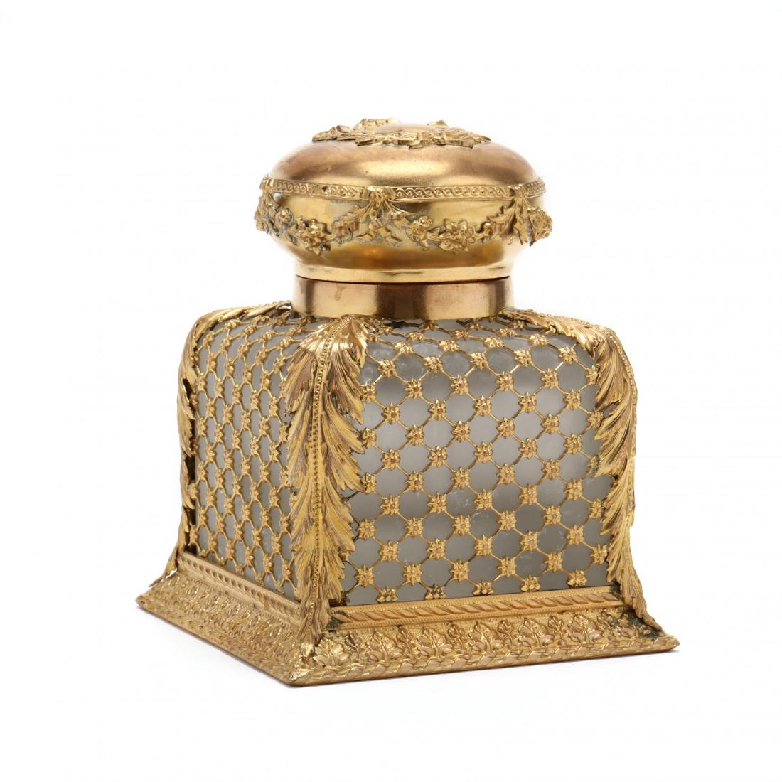 Napoleon III Large Ormolu and Glass Inkwell: Napoleon III Large Ormolu and Glass Inkwell circa 1870, frosted glass with gilt metal mount and hinged lid. 5.5 in. From the collection of Mr. Joel Schur, Fayetteville, NC Additional high-resolution p