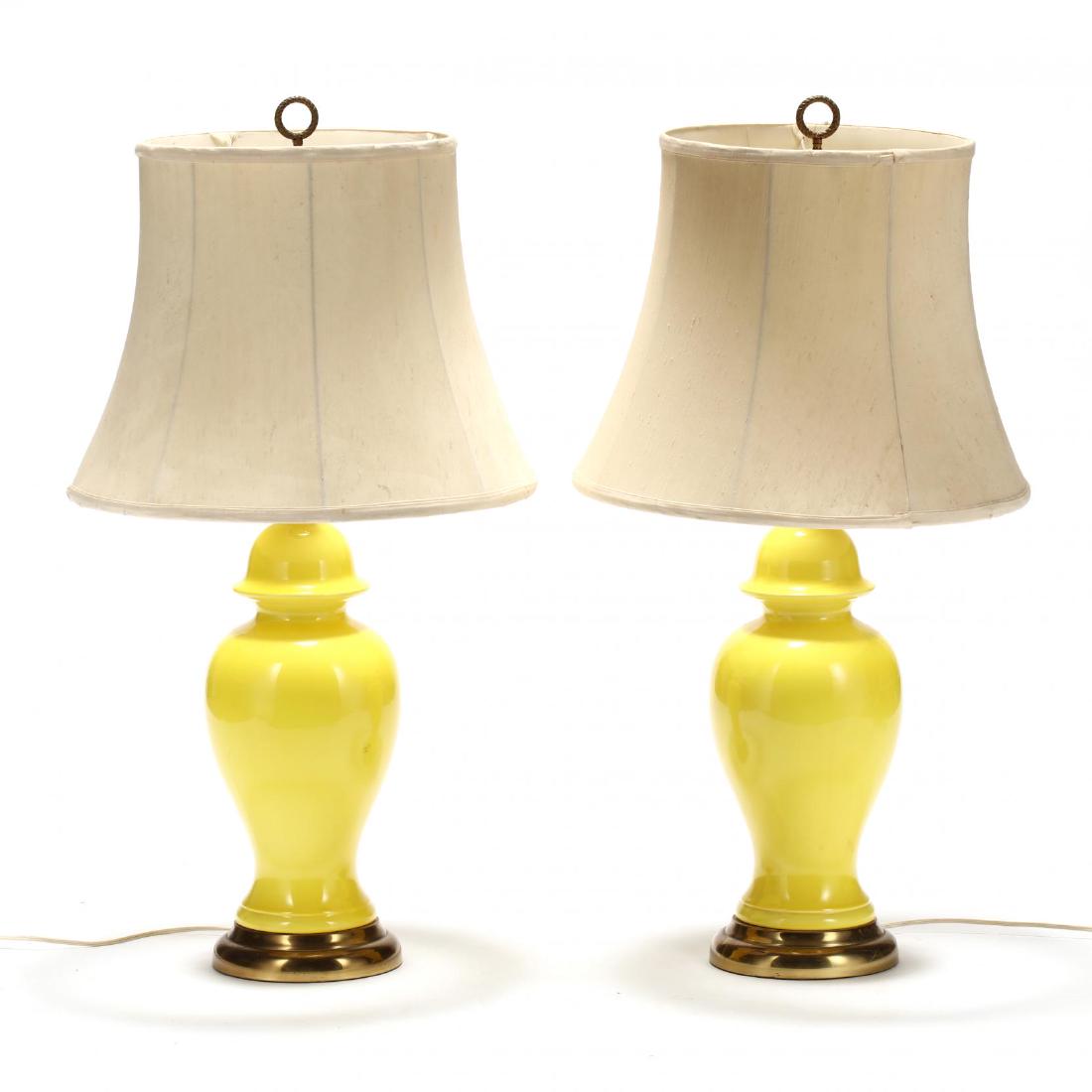 Pair of Designer Style Yellow Glazed Table Lamps: Pair of Designer Style Yellow Glazed Table Lamps mid 20th century, bright lemon yellow glaze in a ginger jar form, brass mount, with tapered shades. HOA 34 in. From the Estate of the late Adona Sue Ye