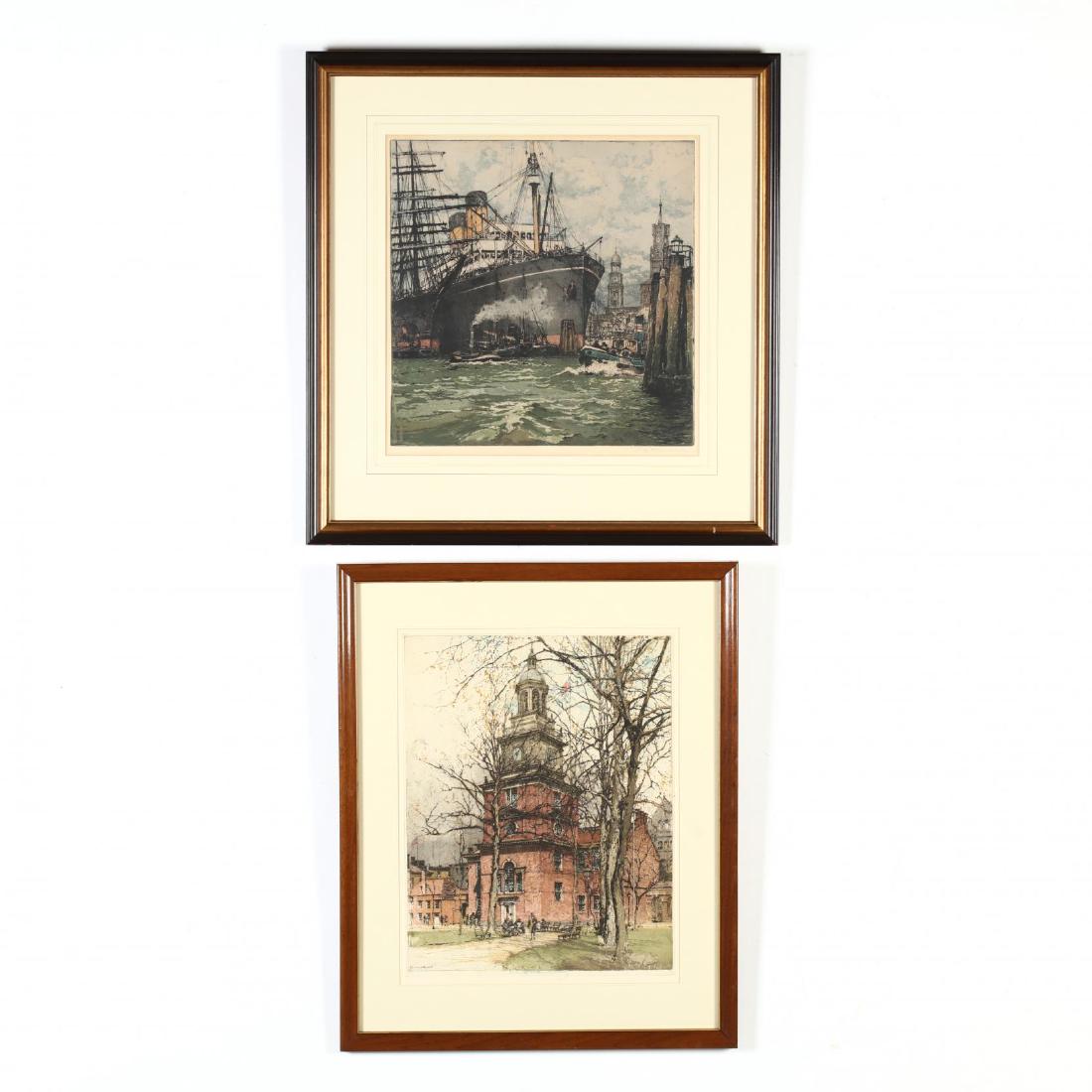 Luigi Kasimir (Austrian, 1881â€“1962), Two Works: Luigi Kasimir (Austrian, 1881â€“1962), Two Works etching and aquatint in colors, to include Philadelphia, Independence Hall and Pittsburgh Ship, Hamburg Harbor, each pencil signed, both matted an