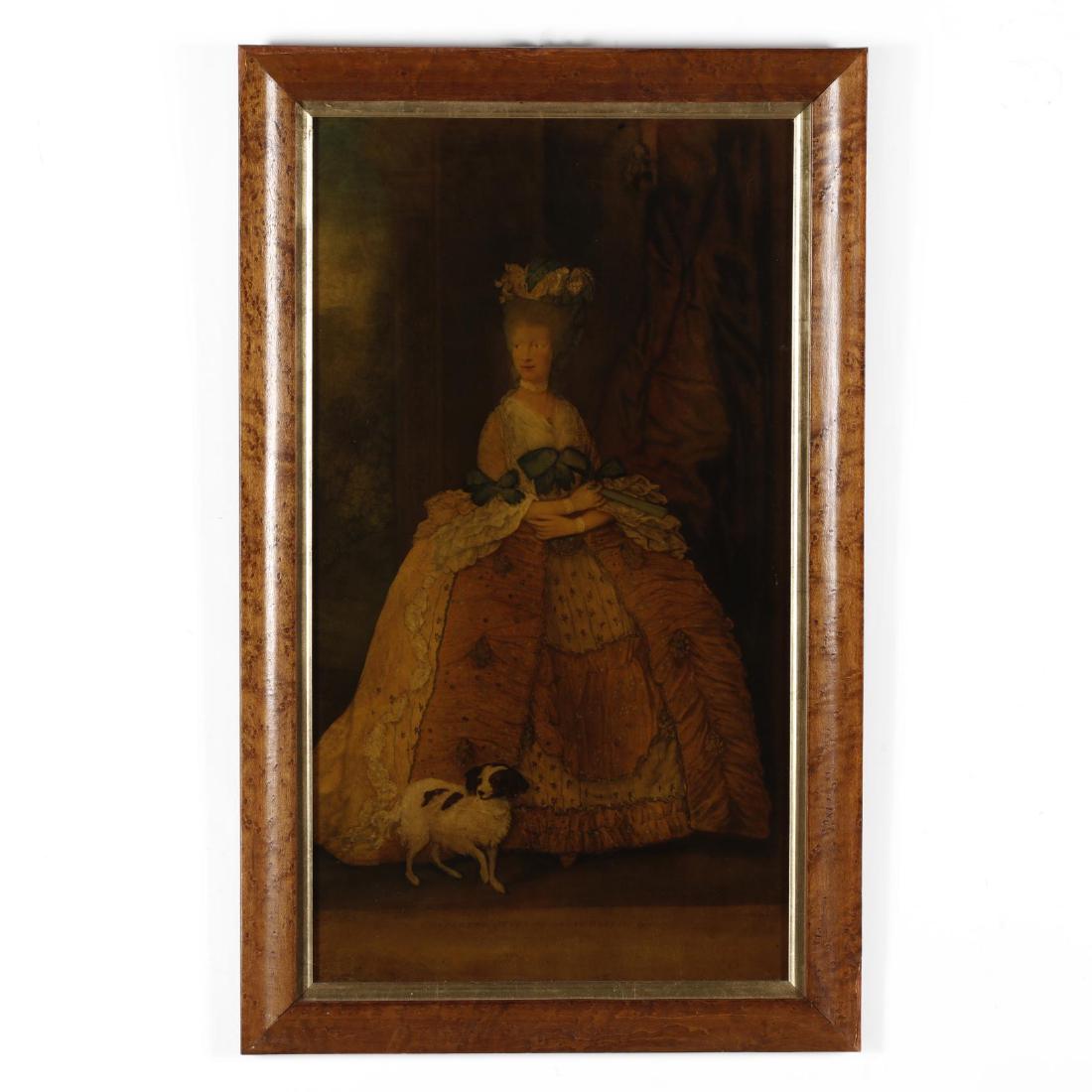 Antique Reverse Glass Print of Queen Charlotte: Antique Reverse Glass Print of Queen Charlotte hand-colored reverse glass print, 19th century, titled "Charlotte, Queen of Great Britain," presented in bird's-eye maple veneer frame with gilt fillet u