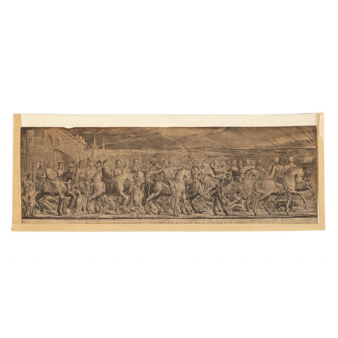 after William Blake (British, 1757-1827), Chaucer's: after William Blake (British, 1757-1827), Chaucer's Canterbury Pilgrimsa reproduction print after the etching, line engraving, and drypoint of 1810, unframed. Sheet Size 8 x 22 7/8 in. From the Collec