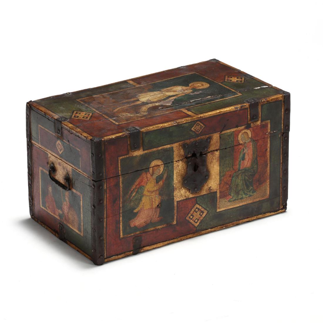 Antique Continental Painted Diminutive Chest: Antique Continental Painted Diminutive Chest circa 1700 or earlier, oak, with later but old ecclesiastical painted decoration to all sides, iron mounts, interior with old painted paper and fabric remn