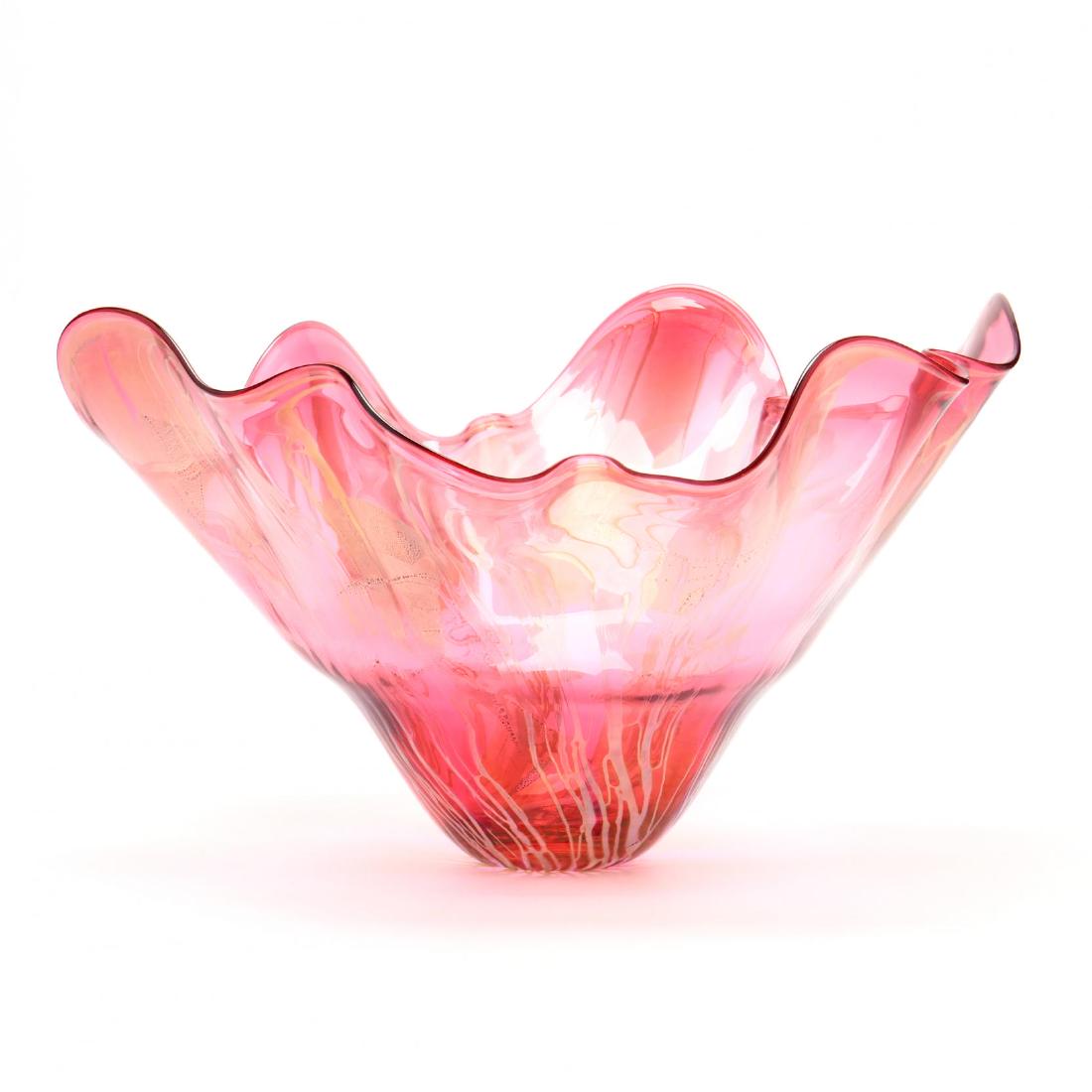 Large Modern Handkerchief Bowl: Large Modern Handkerchief Bowl 1996, blown cranberry glass with iridescent drip, illegibly signed, dated. 11 x 19 x 17 in. From the Estate of the late Judy Blondeau, Raleigh, NC Additional high-resolu