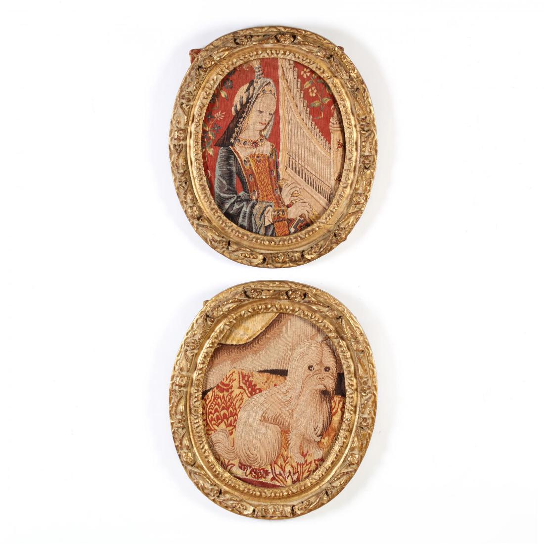 Pair of Framed Medieval-Style Tapestries: Pair of Framed Medieval-Style Tapestries 20th century, appear to be pillows presented in frames, housed in uniform oval giltwood frames. DOA 21 x 18 in. From the Collection of Mr. Samuel E. Rankin, Ga