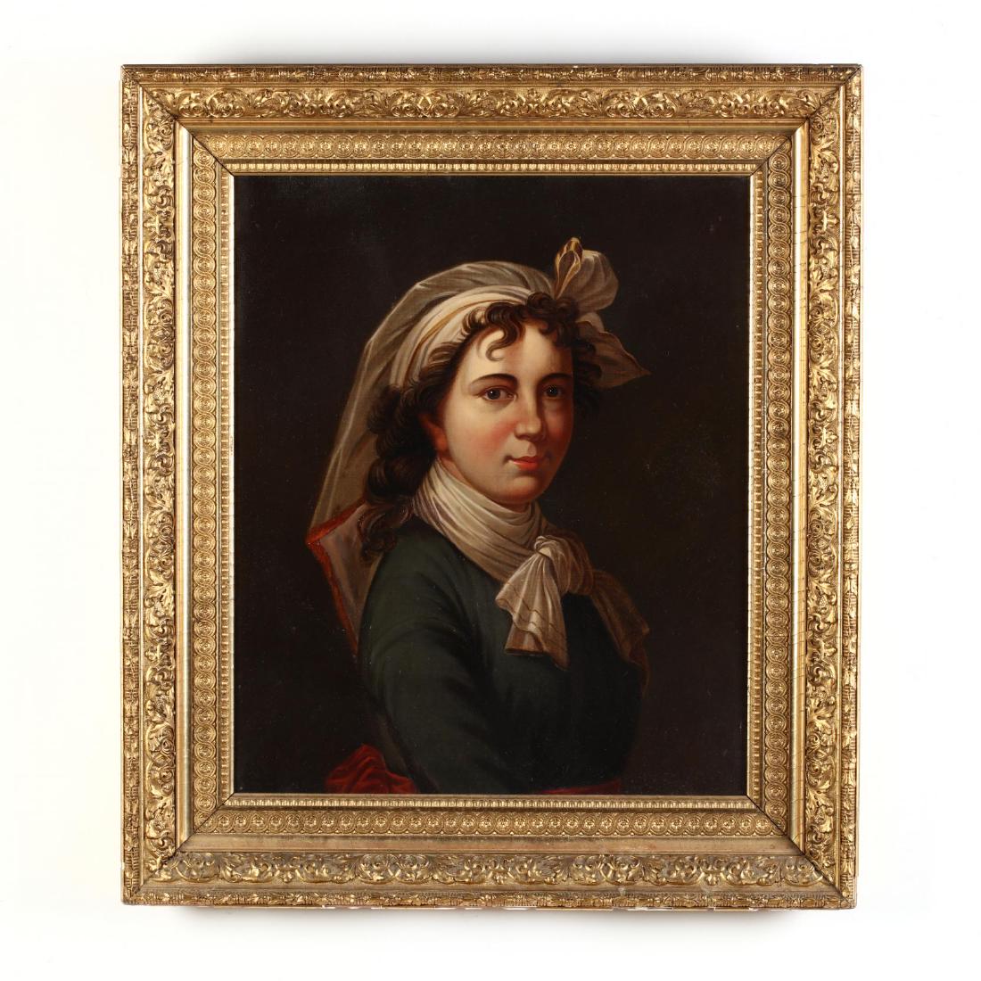 after Ìälisabeth Louise VigÌ©e-LeBrun (French,: after Ìälisabeth Louise VigÌ©e-LeBrun (French, 1755-1842), Self Portrait oil on canvas (lined), unsigned, circa 1900, presented in an attractive antique gilt composition frame. DOA 32 x 28 in. A c
