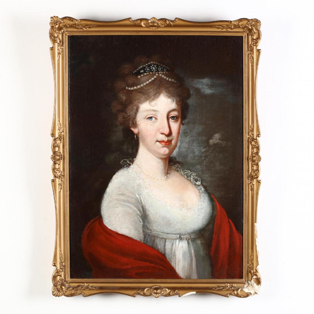 Neoclassical Portrait of a Noblewoman: Neoclassical Portrait of a Noblewoman oil on canvas (lined), circa 1800, in later gilt wood and composition frame. DOA 27 x 20.5 in. From the Collection of the late Peter & Renate Bonnell Additional h