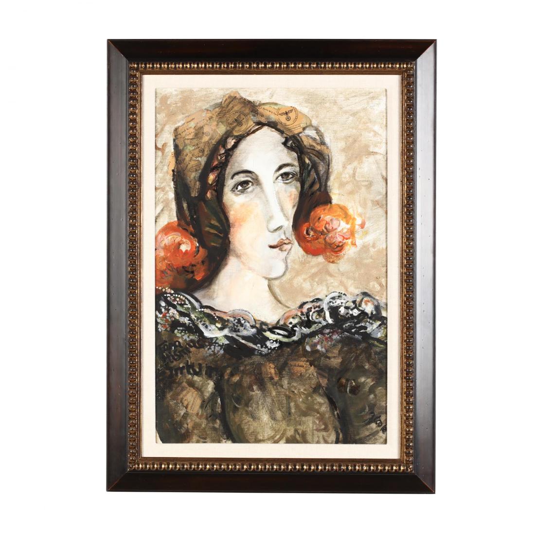 A Contemporary Expressionist Collage Painting of a: A Contemporary Expressionist Collage Painting of a Womanoil on canvas with WWII German paper ephemera collage, signature at lower right appears to read "n. cooke" and indistinct inscription at lower l