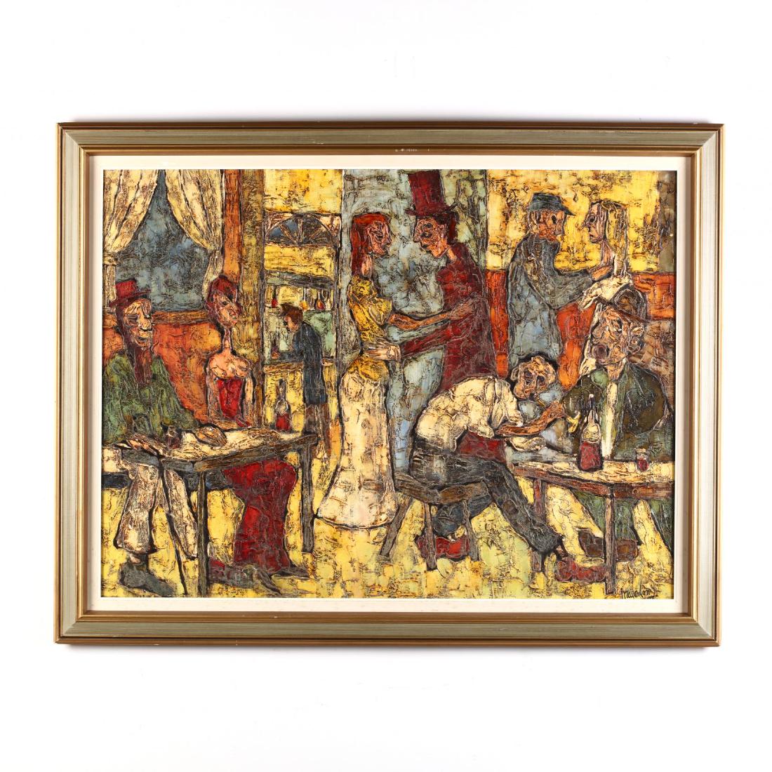 Jean-Claude Mayodon (French, 1938-1981), Tavern Scene: Jean-Claude Mayodon (French, 1938-1981), Tavern Scene oil on canvas, signed at lower left, presented in the likely original frame. DOA 36.5 x 46 in. From the Collection of Mr. C. S. Miller, Sr., Virgi