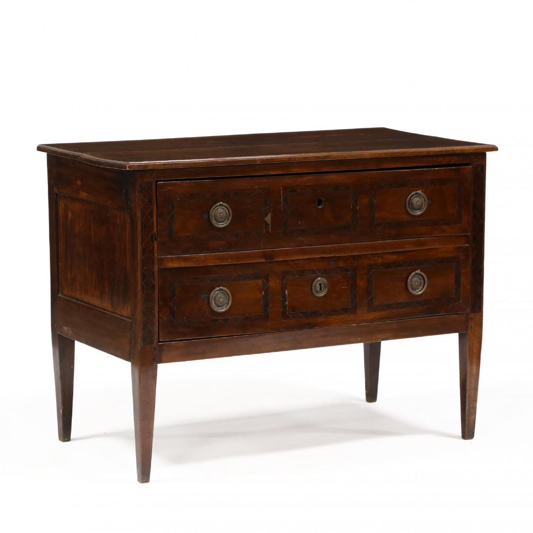 Antique Italian Inlaid Commode: Antique Italian Inlaid Commode 18th century, walnut, with kingwood and mahogany inlays, pine secondary, top with molded edge, two drawers with geometric banded inlays, with repeating inlay to stiles, 