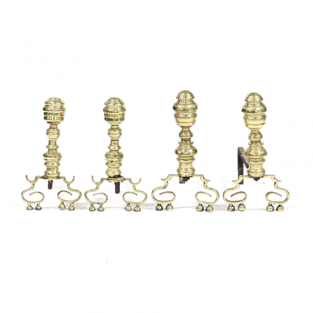 Two Pairs of Antique Chippendale Brass Andirons: Two Pairs of Antique Chippendale Brass Andirons 18th century, each with bold turned standard, spur knee, scroll feet with double bell shaped supports. Larger 17 x 10 x 18 in. From the Collection of th