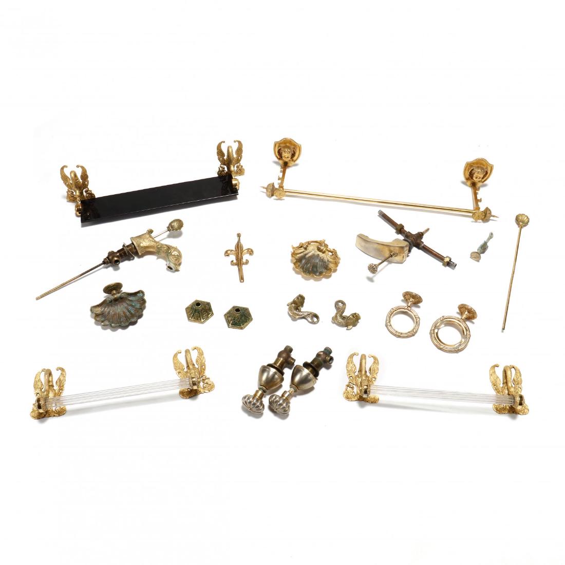 Sherle Wagner, Neoclassical Swan Form Boudoir Fixture: Sherle Wagner, Neoclassical Swan Form Boudoir Fixture SetNew York, mid 20th century, (16) pieces including a putti form towel bar (5 x 28 x 6 in.); a fleur de lis wall hook (6 in.); a dolphin form fau
