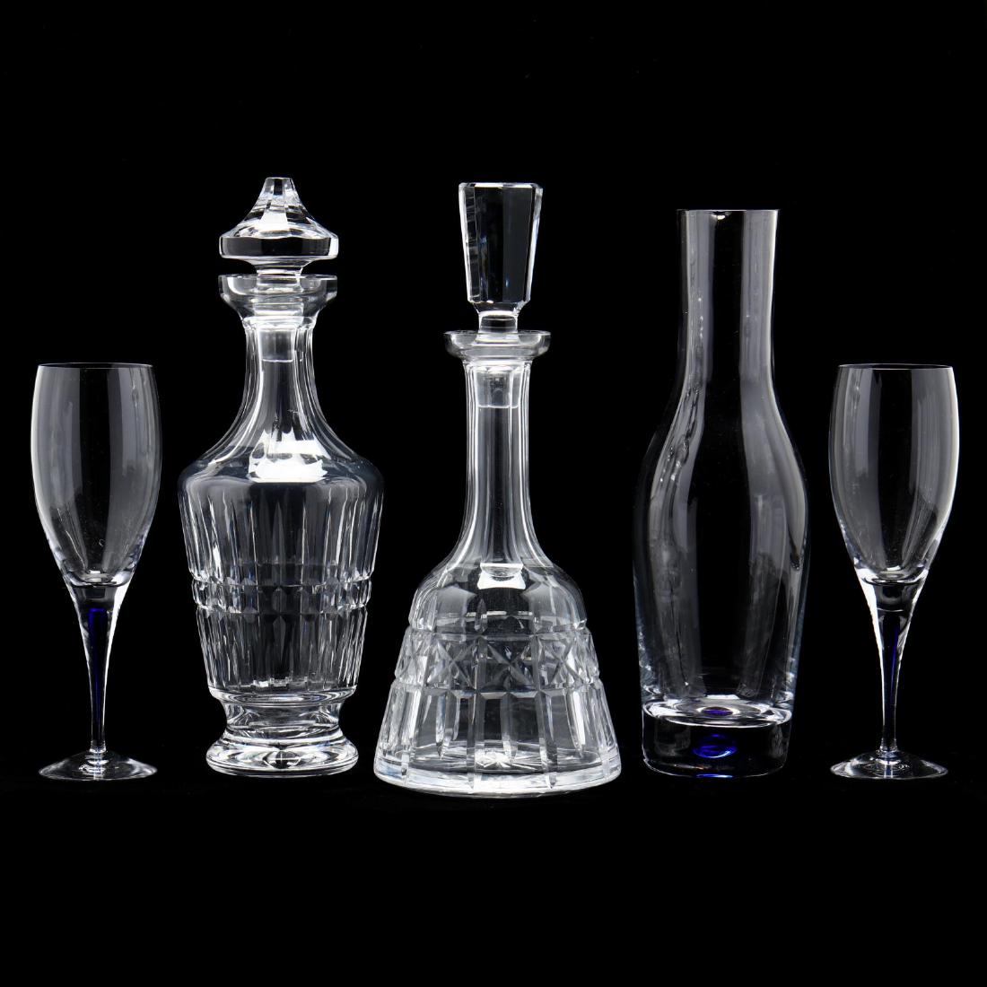 Waterford and Orrefors Crystal Grouping: Waterford and Orrefors Crystal Grouping including two Waterford cut crystal decanters; an Orrefors "Intermezzo" carafe and two wine stems, marked. Tallest 13 in. Additional high-resolution photos are 