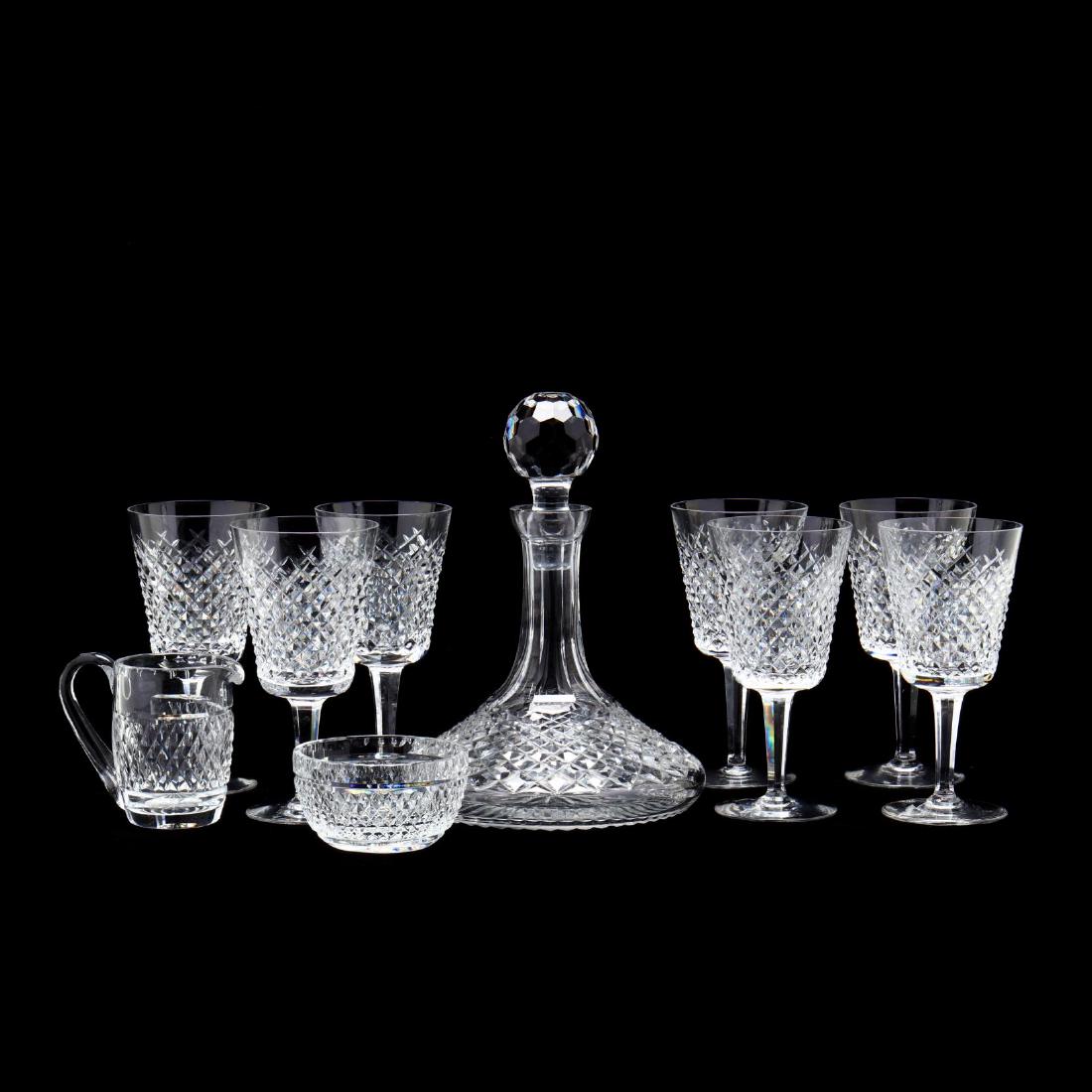 A Suite of Waterford "Alana" Crystal: A Suite of Waterford "Alana" Crystal (10) pieces including a ships decanter, (7) water goblets, creamer and open sugar bowl. Each signed. From the Collection of Carolyn Connor, Hillsborough, North Car