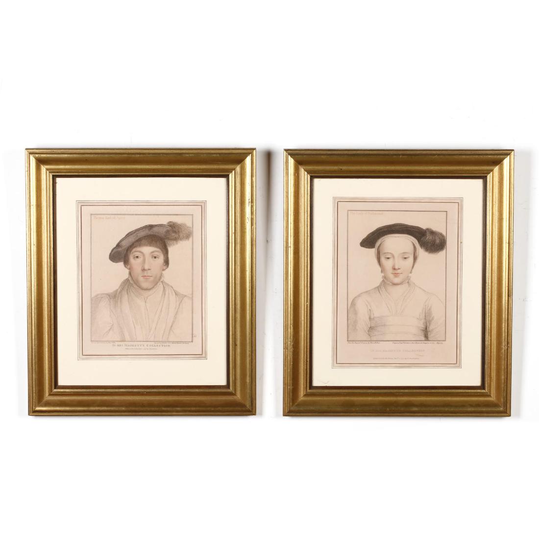 Two Antique Portrait Prints after Hans Holbein the: Two Antique Portrait Prints after Hans Holbein the Youngerstipple engravings, 1795, printed by Francesco Bartolozzi, both from In His Majesty's Collection, printed on pale pink paper, housed in unifor