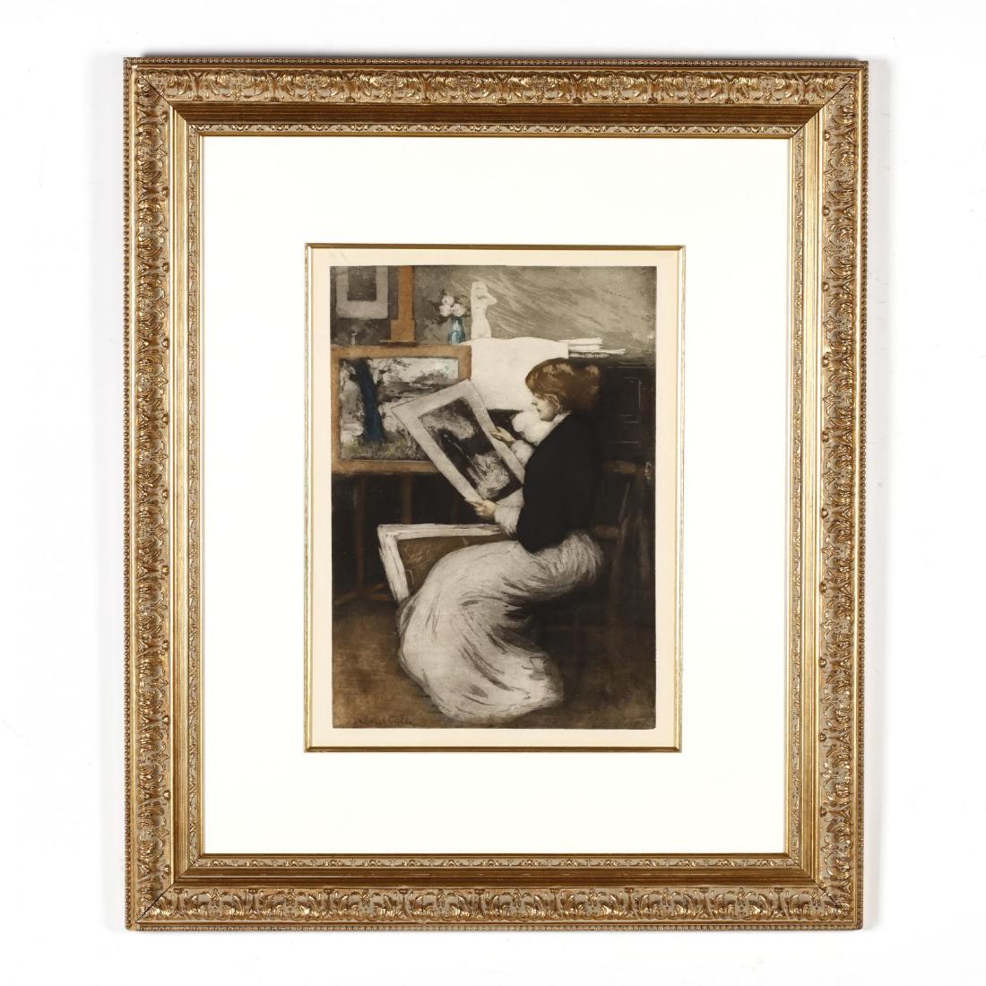 Manuel Robbe (French, 1872â€“1936), Femme a l'Estampe: Manuel Robbe (French, 1872â€“1936), Femme a l'Estampe (Woman with Print) etching and aquatint on paper, 1906, artist signed at lower left, presented in giltwood frame with matting. Platemark 21 x