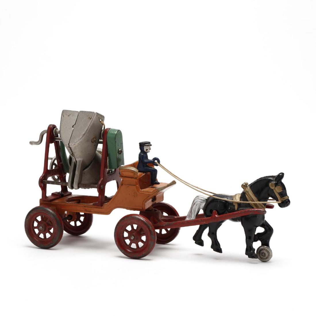 Kenton Horse Drawn Cement Mixer Wagon: Kenton Horse Drawn Cement Mixer Wagon early 20th century, Jaeger mixer complete with original horse, driver, and roping, one gear turn the mixer and the upper gear raises and lowers the bucket. 7.25 x