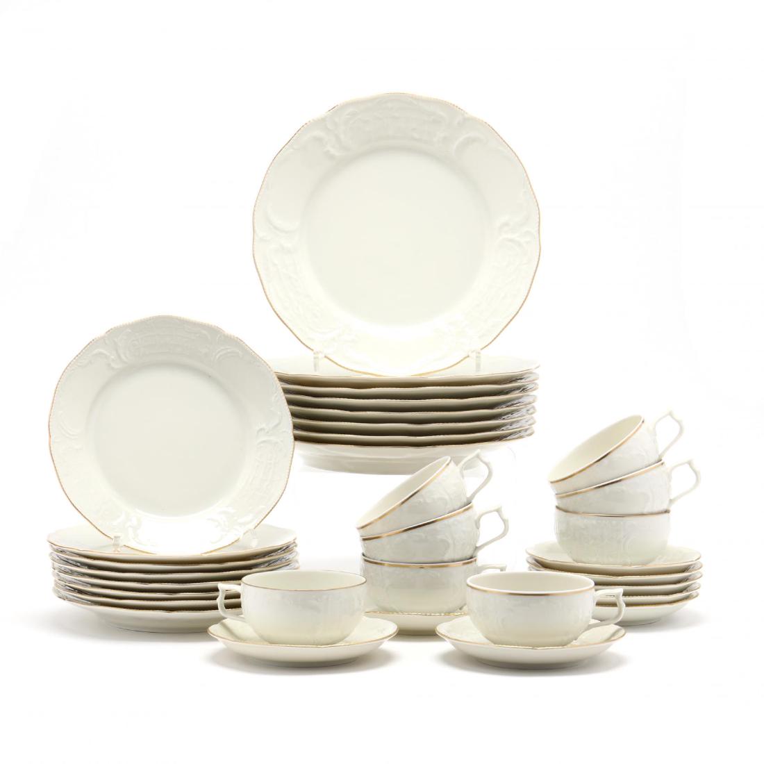 Rosenthal, "Classic" China Service for Eight: Rosenthal, "Classic" China Service for Eight Germany, late 20th century, colored glazed porcelain with gilt rim and raised decoration, including dinner plates (9.75 in.); dessert plates (8 in.); cups 