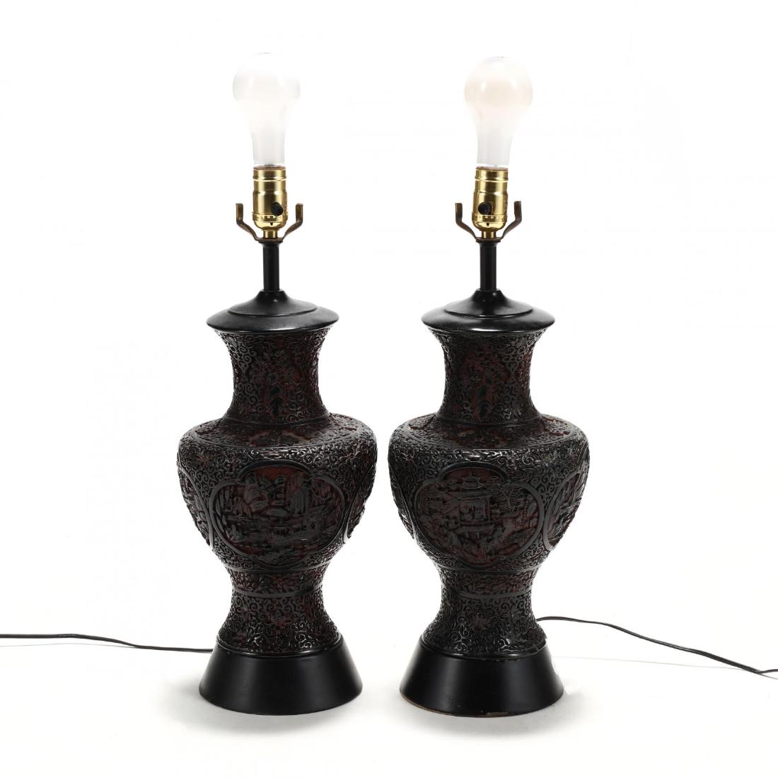 Pair of Cinnabar Style Table Lamps: Pair of Cinnabar Style Table Lamps mid 20th century, painted ceramic mounted to metal bases. HOA 26 in. From the Collection of Mr. Chris Yetter, Raleigh, NC Additional high-resolution photos are avail
