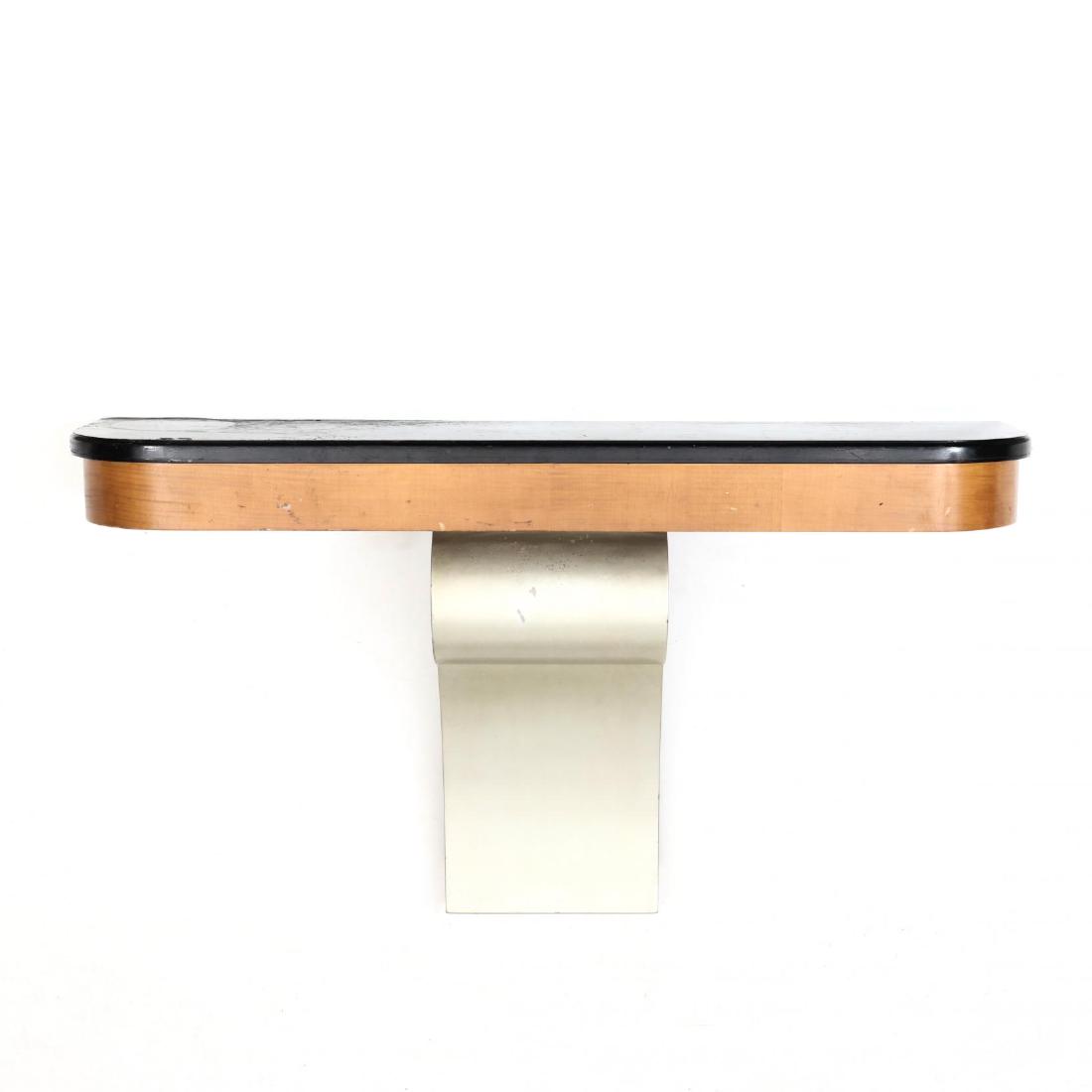 Schmieg & Kotzian, Art Deco Wall Mount Console Table: Schmieg & Kotzian, Art Deco Wall Mount Console Tablecirca 1940, black lacquer top, beech veneered skirt, silver lacquered shaped pedestal, labeled. 25 x 41 x 11 in. From the Estate of the late Mary Du