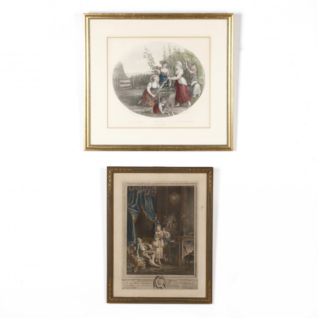 Two French 18th Century Style Scenes: to include a Rococo hand-colored engraving after Pierre Antoine Baudouin (French, 1723–1769), possibly a later printing, to also include a hand-colored reproduction print after Vedovato's Automne, b