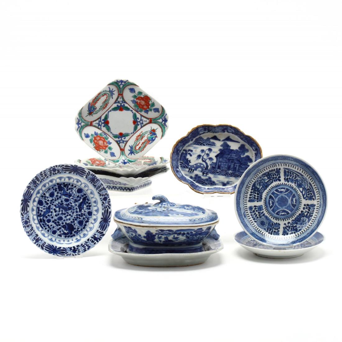 A Collection of Asian Porcelain: A Collection of Asian Porcelain nine pieces including five blue and white porcelain dishes with various decoration (one dish with a few small chips), three diamond shaped dishes decorated with phoenix