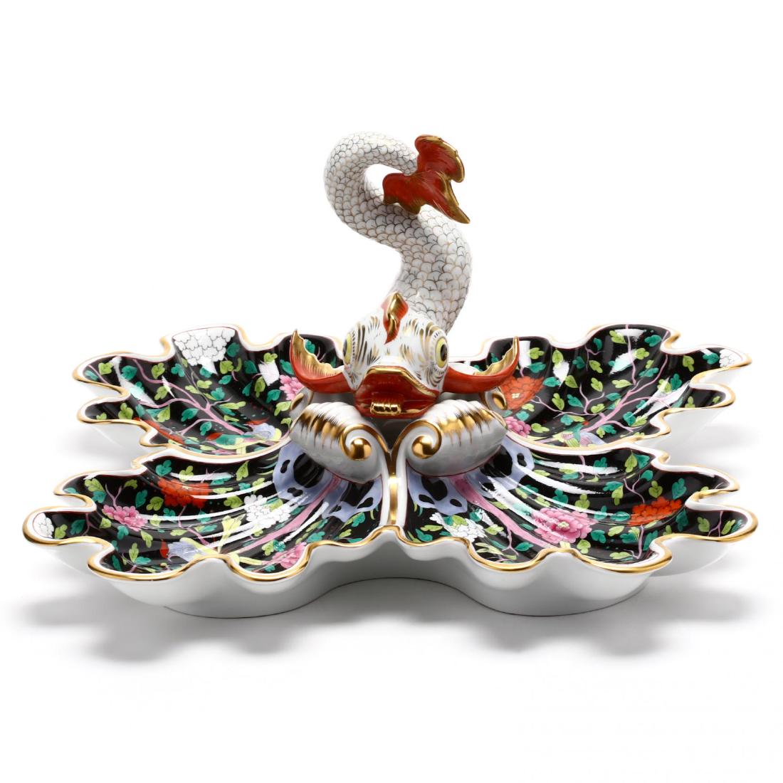 Herend Porcelain Serving Dish, "Macao" Pattern: Herend Porcelain Serving Dish, "Macao" Pattern four leaf shaped serving dishes centered by a full bodied gold fishnet dolphin. 9.75 x 20 in.