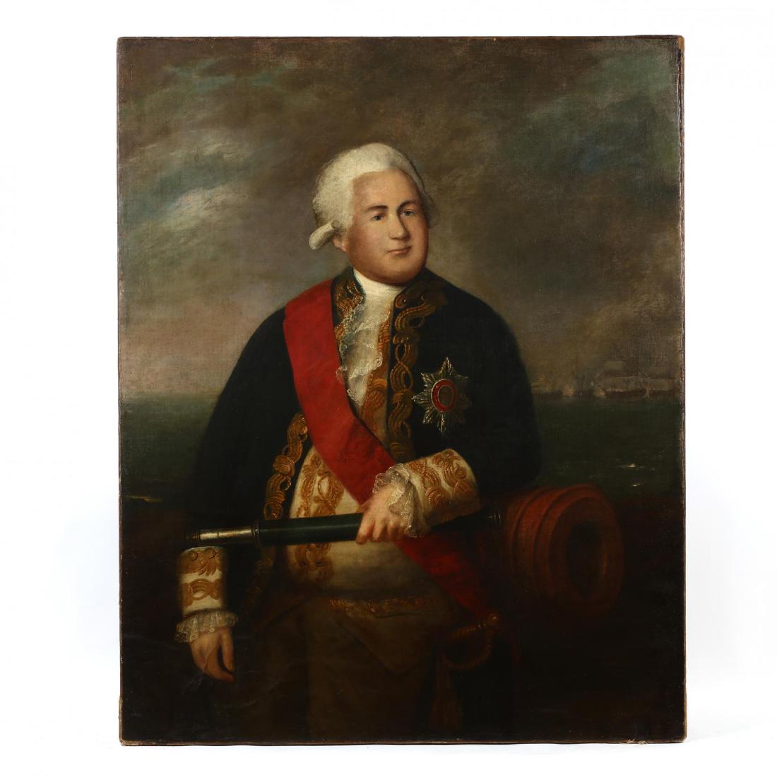 An Antique Portrait of a British Naval Officer: An Antique Portrait of a British Naval Officer oil on canvas (lined), unsigned, circa 1800, unframed. DOA 50 x 40 in. A three-quarter length portrait of the officer posed with a spyglass and resting a