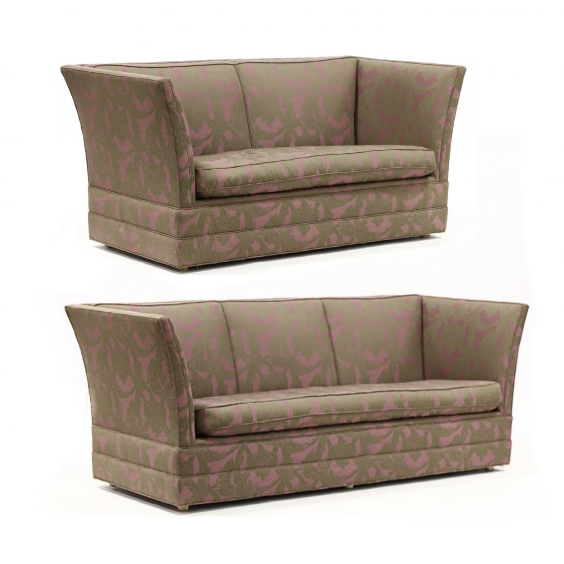 Baker, Overupholstered Sofa and Loveseat: Baker, Overupholstered Sofa and Loveseat contemporary in lavender and olive green damask upholstery, loose cushions with down pillows on near flush feet, labeled. Sofa 34 x 88 x 34 in.; loveseat 34 x 