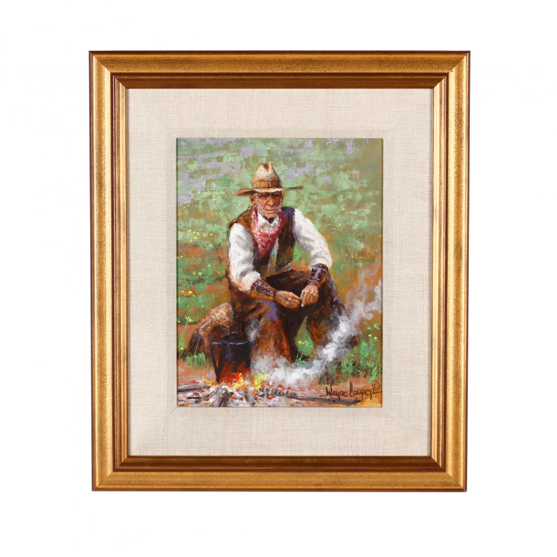 Wayne Cooper (OK, b. 1942), Cowboy by the Camp Fire: Wayne Cooper (OK, b. 1942), Cowboy by the Camp Fireoil on canvas, signed at lower right, framed under glass within a linen liner. DOA 20.75 x 17.5 in.