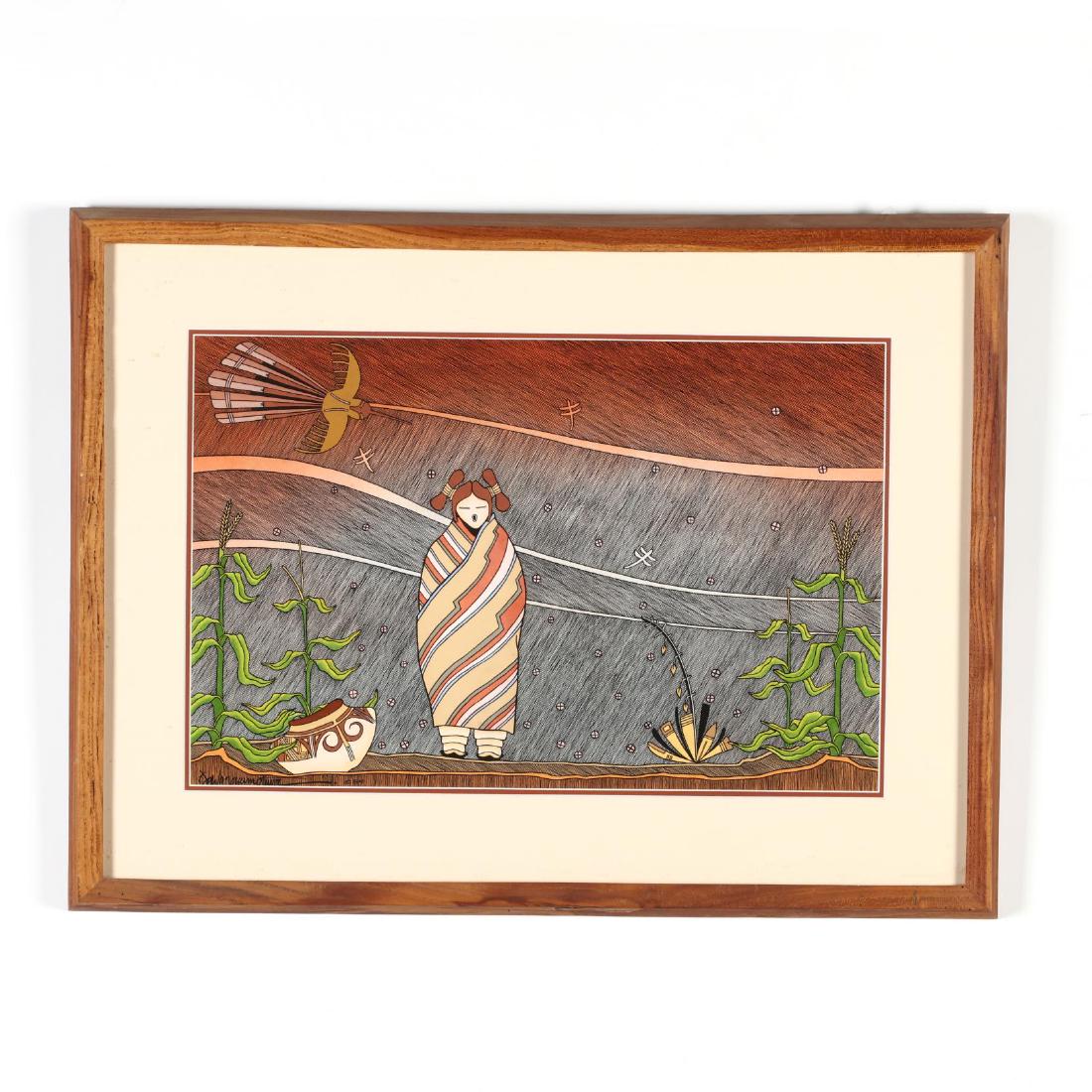 David Dawangyumptewa (Hopi, b. 1957), Swallow Song: David Dawangyumptewa (Hopi, b. 1957), Swallow Songwatercolor on paper, signed and dated 1984 at lower left, matted and framed in under Plexiglass in a tulip wood frame. DOA 21.5 x 28.25 in. From the E