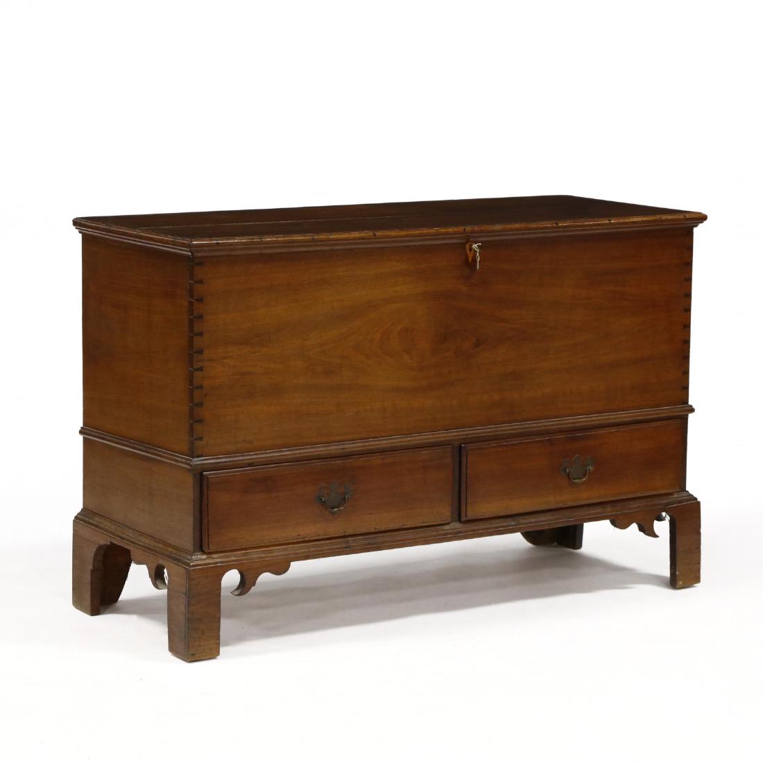 North Carolina Chippendale Walnut Blanket Chest: North Carolina Chippendale Walnut Blanket Chest Guilford County, circa 1800, attributed to the shop of Henry Macy, poplar and yellow pine secondary, top with applied molded edge, interior with till to