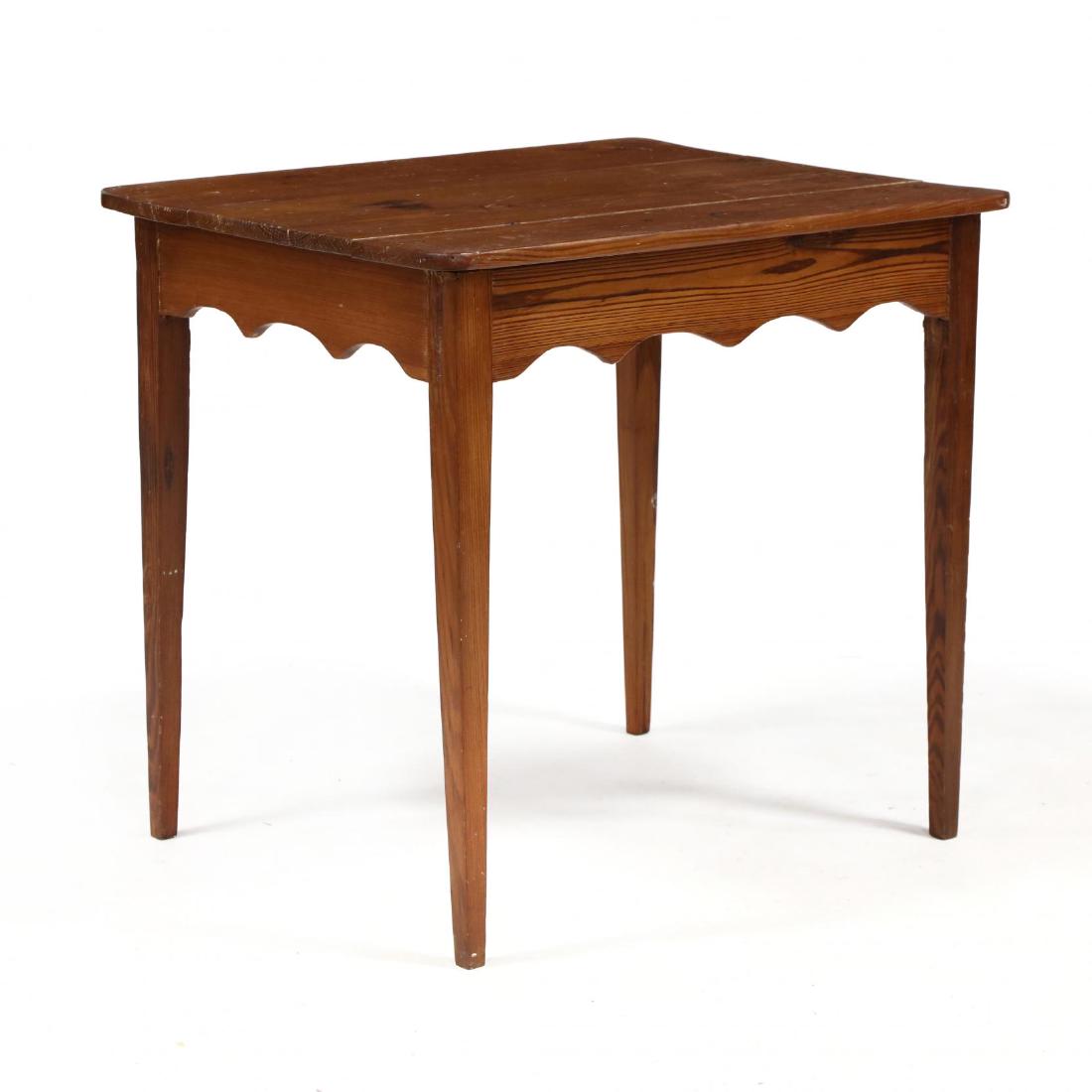 Antique Southern Yellow Pine Tea Table: Antique Southern Yellow Pine Tea Table early 19th century, rectangular top, scalloped skirt, on square tapered legs. 29 x 25 x 31.5 in. From the Collection of a Gentleman, Florida