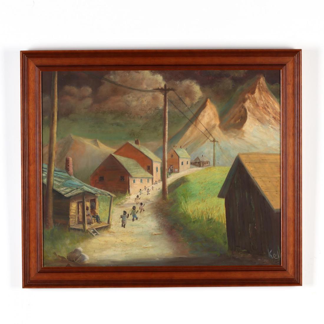 A Vintage Folk Art Painting of Children Headed to: A Vintage Folk Art Painting of Children Headed to Sunday School oil on board, signed "Kell(?)" at lower right, presented in a later frame. DOA 23.25 x 27.5 in. Collection of Dennis Bell, Beaufort, Nor
