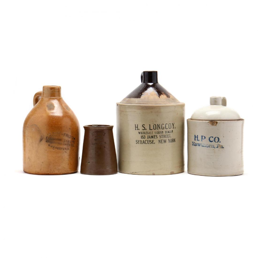 Four Vintage Advertising Vessels: Four Vintage Advertising Vessels a H.S. LONGCOY, SYRACUSE, NEW YORK stoneware liquor jug (small rim chip; small base chip); JOHN HUNT'S apple butter jar (7/8 in. rim chip); H.P Co. jug. PA. (10.2 in.)