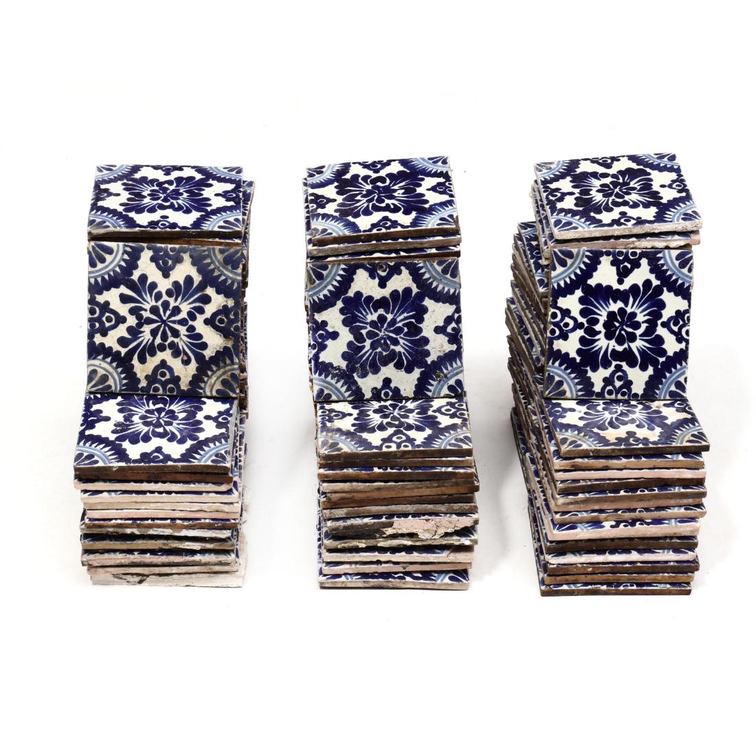 (123) Antique Spanish Cobalt Decorated Tiles: (123) Antique Spanish Cobalt Decorated Tiles 19th and 20th century, square terracotta tiles with hand painted white and cobalt glazed in a rosette and semi-circle pattern. Each approximately 5.5 x 5.5