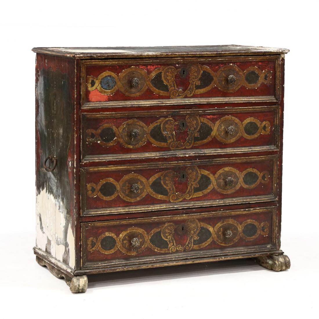 Antique Venetian Painted Commode: Antique Venetian Painted Commode 18th century or earlier, pine, dovetailed case, with gesso and polychrome painted decoration, applied molded trim, four molded drawers with carved pulls, on scrolled f