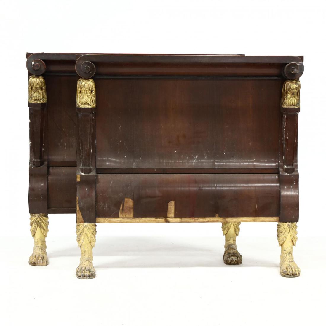 Antique French Empire Carved Daybed: Antique French Empire Carved Daybed circa 1810, walnut veneers, curved paneled ends with Classical style carved busts and human form feet with gesso and gilt finish, with conforming wood rails. Side p