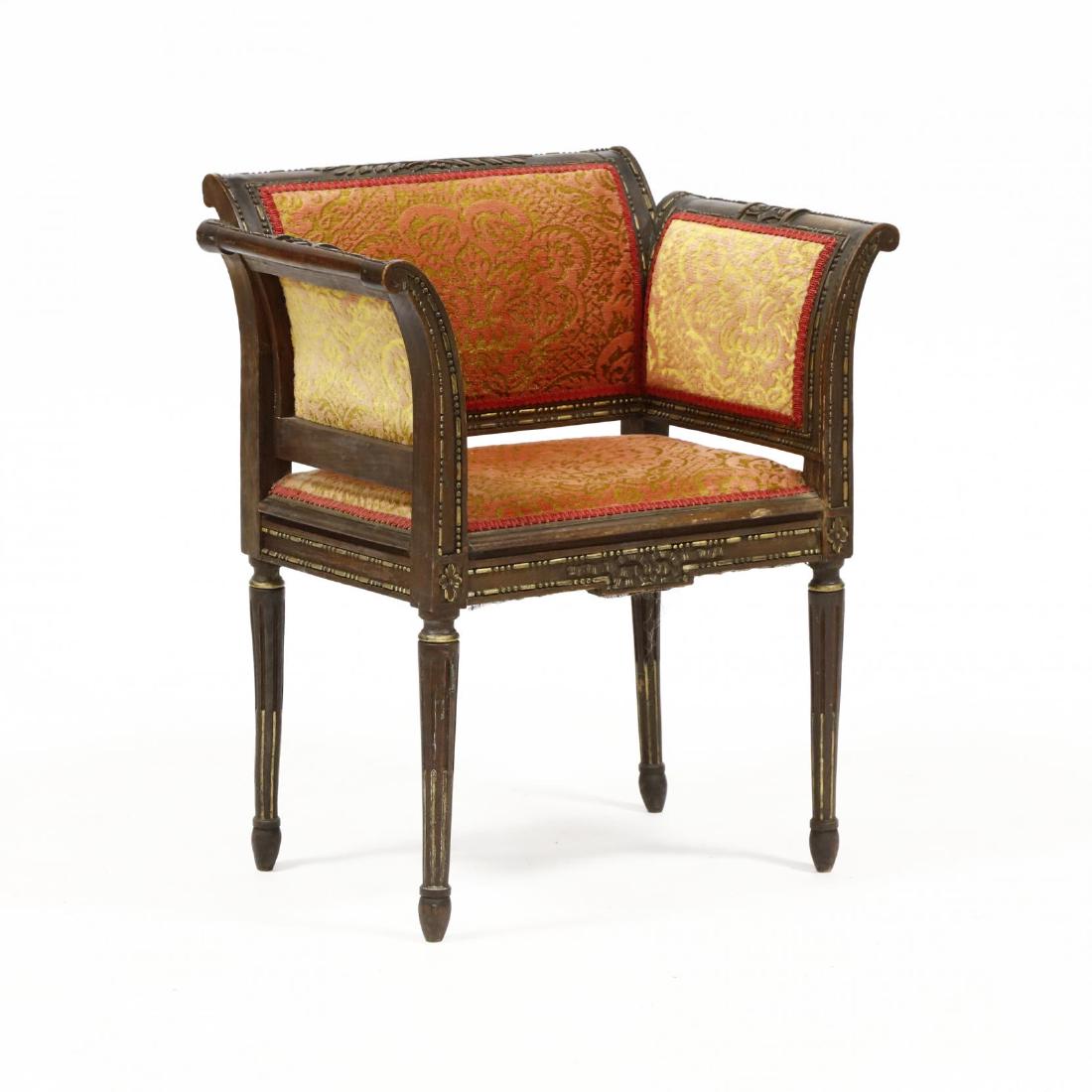 Louis XVI Style Carved Walnut Hall Chair: Louis XVI Style Carved Walnut Hall Chair mid 20th century, carved and gilt frame with floral relief details, red/gold cut damask upholstery, raised on stop fluted legs. 29 x 26 x 18 in. From the Estat