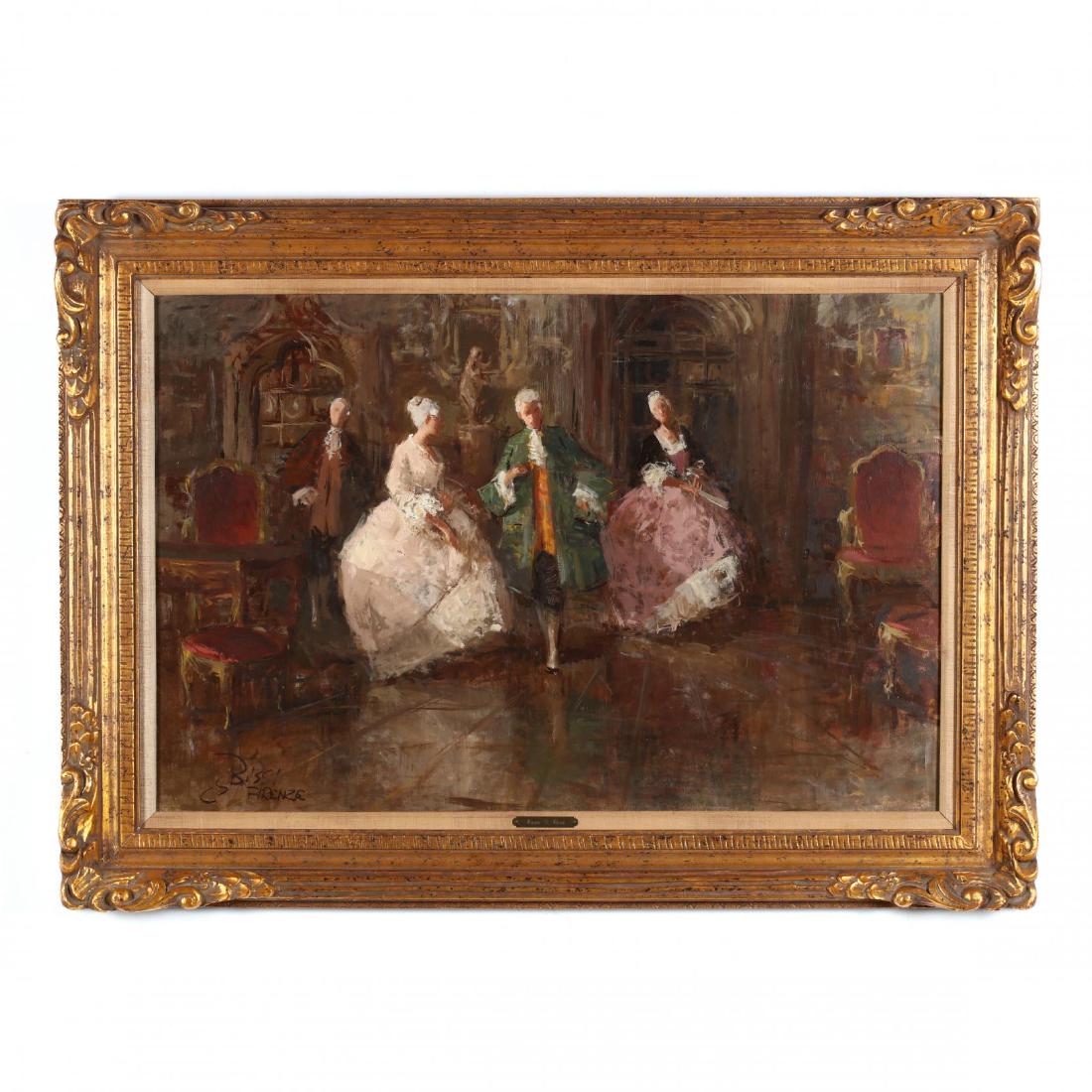 Sergio Cirno Bissi (Italian, 1902-1987), A Rococo Style: Sergio Cirno Bissi (Italian, 1902-1987), A Rococo Style Interior Scene oil on canvas, 20th century, signed and inscribed "Bizzi, Firenze" at lower left, in giltwood frame with linen liner. DOA 32 x 44