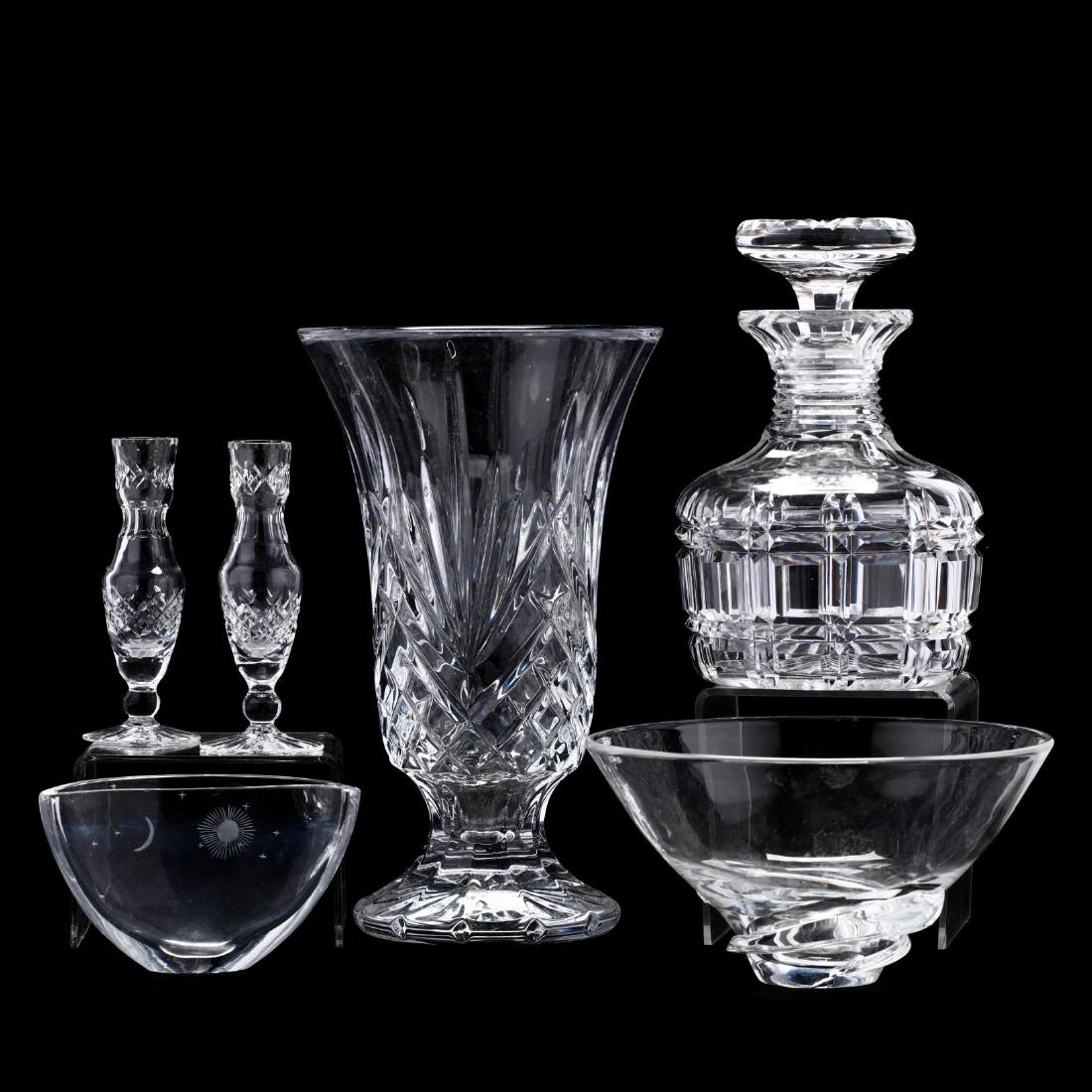 Six Crystal Table Accessories: Six Crystal Table Accessoriesincluding a Marquis by Waterford vase (10 in.); a pair of Thomas Webb bud vases; an antique decanter (with some chipping); a Steuben bowl; and a moon & sun etched fan vase