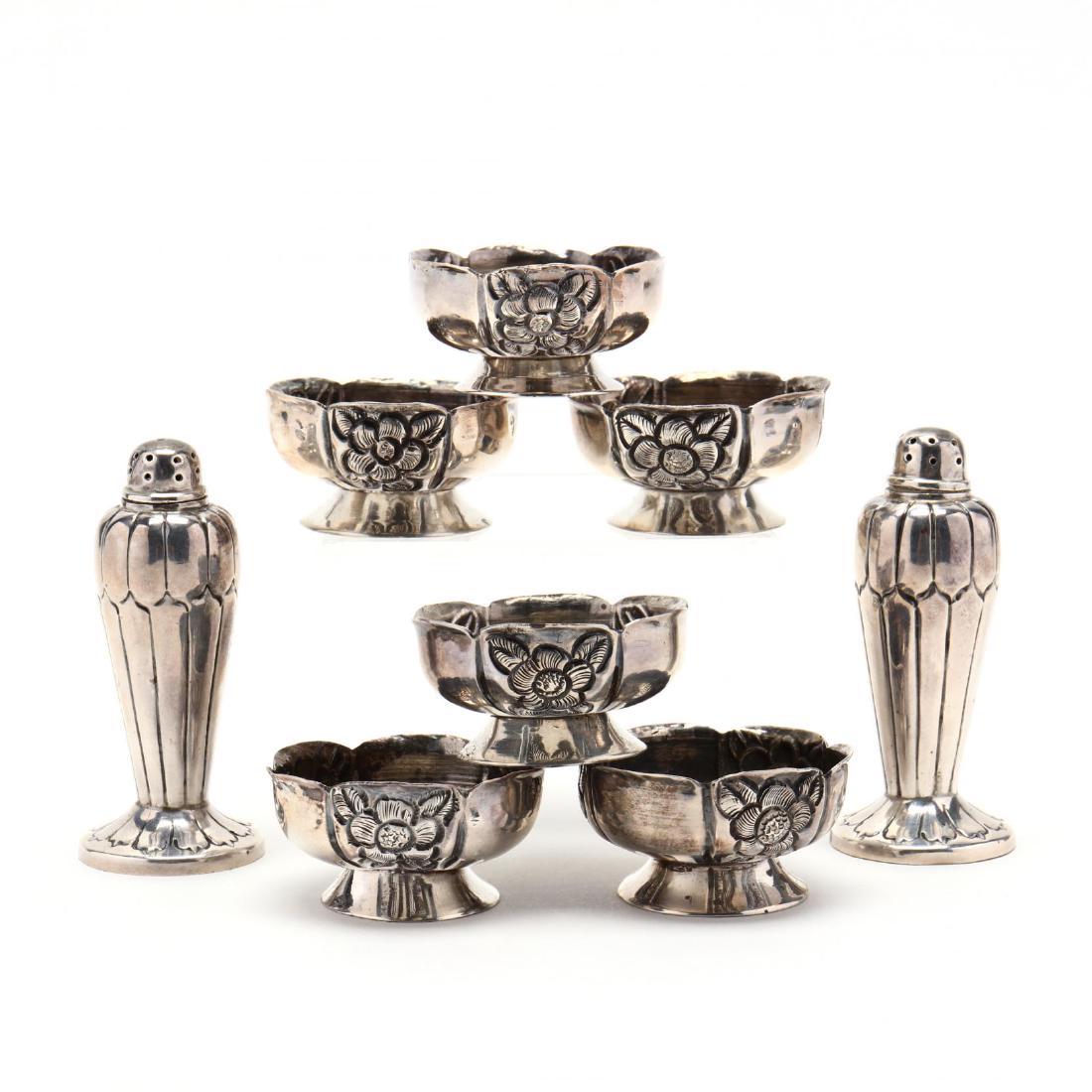 Eight Sterling Silver Salts & Peppers: Eight Sterling Silver Salts & Peppers including a set of (6) salt cellars and a pair of pepper pots (3 in.), mid-20th century, made in Mexico. 5.95 total troy oz. Collection of Edith Womble Chatham, P
